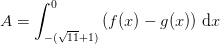 A=\int_{-(\sqrt{11}+1)}^{0}\left (f(x)-g(x) \right )\, \textup{d}x