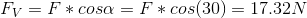 F_{V}=F*cos\alpha =F*cos(30)=17.32N