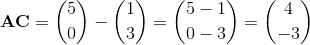 \mathbf{AC} =\binom{5}{0} - \binom{1}{3} = \binom{5-1}{0-3} =\binom{4}{-3}