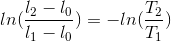 ln(\frac{l_2-l_0}{l_1-l_0}) = -ln(\frac{T_2}{T_1})