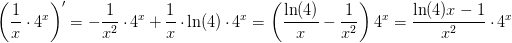 \left (\frac{1}{x}\cdot 4^x \right ){}'=-\frac{1}{x^2}\cdot 4^x+\frac{1}{x}\cdot \ln(4)\cdot 4^x=\left (\frac{\ln(4)}{x} -\frac{1}{x^2} \right)4^x=\frac{\ln(4)x-1}{x^2}\cdot 4^x