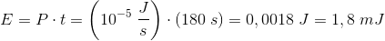 E=P\cdot t=\left (10^{-5}\; \frac{J}{s} \right )\cdot \left (180\; s \right )=0,0018\; J=1,8\; mJ