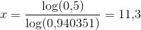 x=\frac{\log(0{,}5)}{\log(0{,}940351)}=11{,}3