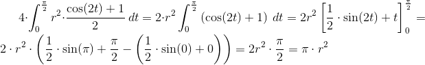 4\cdot \int_{0}^{\frac{\pi}{2}}r^2\cdot\frac{\cos (2t) + 1 }{2}\ dt=2\cdot r^2 \int_{0}^{\frac{\pi}{2}}\left (\cos (2t) + 1 \right ) \ dt=2r^2\left [ \frac{1}{2}\cdot \sin(2t)+t \right ]_{0}^{\frac{\pi }{2}}=2\cdot r^2\cdot \left ( \frac{1}{2}\cdot \sin(\pi )+\frac{\pi }{2}-\left(\frac{1}{2}\cdot \sin(0 )+0\right) \right )=2r^2\cdot \frac{\pi }{2}=\pi \cdot r^2