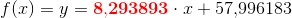 f(x)=y=\mathbf{\color{Red} 8{,}293893}\cdot x+57{,}996183