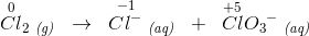 \overset{0}{Cl}_2\; _{\textit{(g)}}\; \; \rightarrow \; \; \overset{-1}{Cl^-}\; _{\textit{(aq)}}\; \; +\; \; \overset{+5}{Cl}{O_{3}}^{-}\; _{\textit{(aq)}}