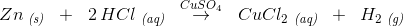 Zn\; _{\textit{(s)}}\; \; +\; \; 2\, HCl\; _{\textit{(aq)}}\; \; \overset{CuSO_4}{\rightarrow} \; \; CuCl_2\; _{\textit{(aq)}}\; \; +\; \; H_2\; _{\textit{(g)}}