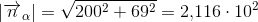 \left |\overrightarrow{n}_\alpha \right | =\sqrt{200^2+69^2}=2{,}116\cdot 10^2