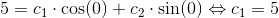 5=c_1\cdot \cos(0)+c_2\cdot \sin(0)\Leftrightarrow c_1=5