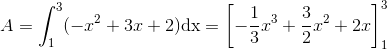 A=\int_{1}^{3}(-x^2+3x+2)\textup{dx}=\left [ -\frac{1}{3}x^3+\frac{3}{2}x^2+2x \right ]_{1}^{3}