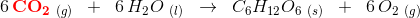 6\, {\color{Red} \mathbf{CO_2}}\; _{(g)}\; \; +\; \; 6\, H_2O \; _{(l)}\; \; \rightarrow \; \; C_6H_{12}O_6\; _{(s)}\; \; +\; \; 6\, O_2\; _{(g)}
