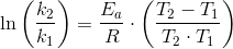 \ln\left (\frac{k_2}{k_1} \right )= \frac{E_a}{R}\cdot\left ( \frac{T_2-T_1}{T_2\cdot T_1} \right )