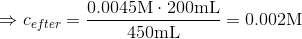 \Rightarrow c_{efter}=\dfrac{0.0045\mathrm{M}\cdot200\mathrm{mL}}{450\mathrm{mL}}=0.002\mathrm{M}