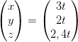 \begin{pmatrix} x\\y \\ z \end{pmatrix}=\begin{pmatrix} 3t\\2t \\ 2,4t \end{pmatrix}