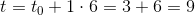 t=t_0+1\cdot 6=3+6=9