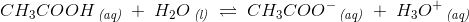 CH_3COOH\, _{\textit{(aq)}}\; +\; H_2O\, _{\textit{(l)}}\; \rightleftharpoons \; CH_3COO^-\, _{\textit{(aq)}}\; +\; H_3O^+\, _{\textit{(aq)}}