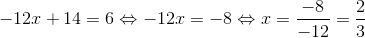 -12x+14=6\Leftrightarrow -12x=-8\Leftrightarrow x=\frac{-8}{-12}=\frac{2}{3}