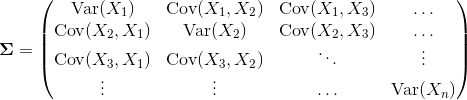 \boldsymbol \Sigma = \begin{pmatrix} \operatorname{Var}(X_1) & \operatorname{Cov}(X_1,X_2) & \operatorname{Cov}(X_1,X_3) & \ldots\\ \operatorname{Cov}(X_2,X_1) & \operatorname{Var}(X_2) & \operatorname{Cov}(X_2,X_3) & \ldots \\ \operatorname{Cov}(X_3,X_1) & \operatorname{Cov}(X_3,X_2) & \ddots & \vdots \\ \vdots & \vdots & \ldots & \operatorname{Var}(X_n) \end{pmatrix}