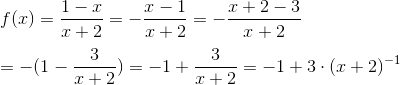 \newline\newline f(x)=\frac{1-x}{x+2}=-\frac{x-1}{x+2}=-\frac{x+2-3}{x+2}\newline\newline =-(1-\frac{3}{x+2})=-1+\frac{3}{x+2}=-1+3\cdot (x+2)^{-1}