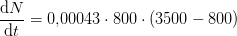\frac{\mathrm{d} N}{\mathrm{d} t}=0{,}00043\cdot 800\cdot (3500-800)
