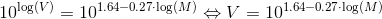 10^{\log(V)}=10^{1.64-0.27\cdot\log(M)} \Leftrightarrow V=10^{1.64-0.27\cdot\log(M)}