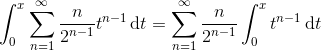 \int_0^x \sum_{n=1}^\infty \frac{n}{2^{n-1}}t^{n-1} \, \mathrm dt = \sum_{n=1}^\infty \frac n{2^{n-1}} \int_0^x t^{n-1}\, \mathrm dt