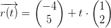 \overrightarrow{r(t)}=\begin{pmatrix} -4\\5 \end{pmatrix}+t\cdot\begin{pmatrix} 1\\2 \end{pmatrix}