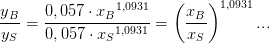 \frac{y{_{B}}^{ }}{y{_{S}}^{ }} = \frac{0,057\cdot x{_{B}}^{1,0931}}{0,057\cdot x{_{S}}^{1,0931}} = \left ( \frac{x{_{B}}^{ }}{x{_{S}}^{ }} \right )^{1,0931} ...