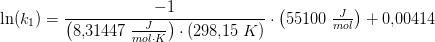 \ln(k_1)=\frac{-1}{\left (8{,}31447\; \tfrac{J}{mol\cdot K} \right )\cdot (298{,}15\; K)}\cdot\left ( 55100\; \tfrac{J}{mol} \right )+0{,}00414