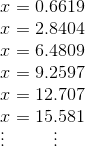 \\x=0.6619\\ x=2.8404\\ x=6.4809\\ x=9.2597\\ x=12.707\\ x=15.581\\ ~\vdots~~~~~~~~\vdots