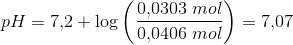 pH=7{,}2+\log\left ( \frac{0{,}0303\; mol}{0{,}0406\; mol} \right )=7{,}07