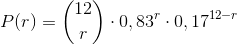 P(r)=\binom{12}{r}\cdot 0,83^{r}\cdot 0,17^{12-r}
