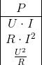 \begin{array} {|c|} P\\ \hline U\cdot I\\ R\cdot I^2\\ \frac{U^2}{R} \end{array}