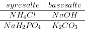 \begin{array} {c|c} syresalte&basesalte\\ \hline NH_4Cl&NaOH\\ \hline NaH_2PO_4&K_2CO_3 \end{array}
