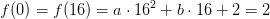 f(0)=f(16)=a\cdot 16^2+b\cdot 16+2=2