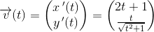 \overrightarrow{v}(t)=\begin{pmatrix} x{\, }'(t)\\ y{\, }'(t) \end{pmatrix}=\begin{pmatrix} 2t+1\\ \frac{t}{\sqrt{t^2+1}} \end{pmatrix}