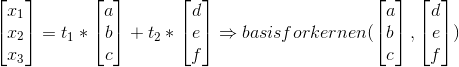 \begin{bmatrix} x_1\\x_2 \\ x_3 \end{bmatrix}= t_1* \begin{bmatrix} a\\b\\c \end{bmatrix} + t_2*\begin{bmatrix} d\\e\\f \end{bmatrix} \Rightarrow basis for kernen (\begin{bmatrix} a\\b\\c \end{bmatrix},\begin{bmatrix} d\\e\\f \end{bmatrix})