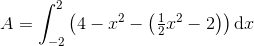 A=\int_{-2}^{2}\left (4-x^2-\left(\tfrac{1}{2}x^2-2\right) \right )\textup{d}x