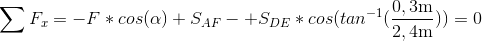 \sum F_x=-F*cos(\alpha)+S_{AF}-+S_{DE}*cos(tan^{-1}(\frac{0,3 \mbox{m}}{2,4 \mbox{m}}))=0