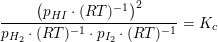 \small \frac{\left (p_{HI}\cdot (RT)^{-1} \right )^2}{p_{H_2}\cdot (RT)^{-1}\cdot p_{I_2}\cdot (RT)^{-1}}=K_c