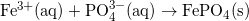 \small {\mathrm{Fe^{3+}(aq)+PO_{4}^{3-}(aq)\rightarrow FePO_{4}(s)}}}