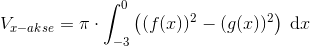 V_{x-akse}=\pi \cdot \int_{-3}^{0}\left ( (f(x))^{2}-(g(x))^{2} \right )\: \textup{d}x
