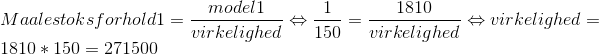 \\Maa lestoksforhold1=\frac{model1}{virkelighed} \Leftrightarrow \frac{1}{150}=\frac{1810}{virkelighed}\Leftrightarrow virkelighed=1810*150=271500