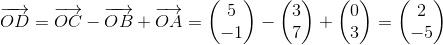 \overrightarrow{OD}=\overrightarrow{OC}-\overrightarrow{OB}+\overrightarrow{OA}=\begin{pmatrix} 5\\-1 \end{pmatrix}-\begin{pmatrix} 3\\7 \end{pmatrix}+\begin{pmatrix} 0\\3 \end{pmatrix}=\begin{pmatrix} 2\\-5 \end{pmatrix}