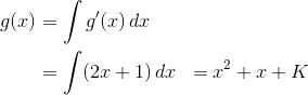 \begin{align*} g(x) &= \int g^\prime(x)\,dx \\ &= \int(2x+1)\,dx &= x^2+x+K \end{align*}