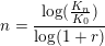 \small n=\frac{\log(\frac{K_n}{K_0})}{\log(1+r)}