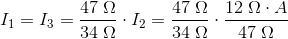 I_{1}=I_{3}=\frac{47 \; \Omega}{34 \; \Omega}\cdot I_2=\frac{47\; \Omega }{34\; \Omega }\cdot\frac{12\; \Omega \cdot A}{47\; \Omega }