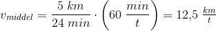 v_{middel}=\frac{5\; km}{24\; min}\cdot \left ( 60\; \frac{min}{t} \right )=12{,}5\; \tfrac{km}{t}