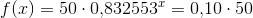 f(x)=50\cdot 0{,}832553^{x}=0{,}10\cdot 50