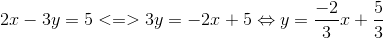 2x-3y = 5 <=> 3y=-2x+5\Leftrightarrow y=\frac{-2}{3}x+\frac{5}{3}